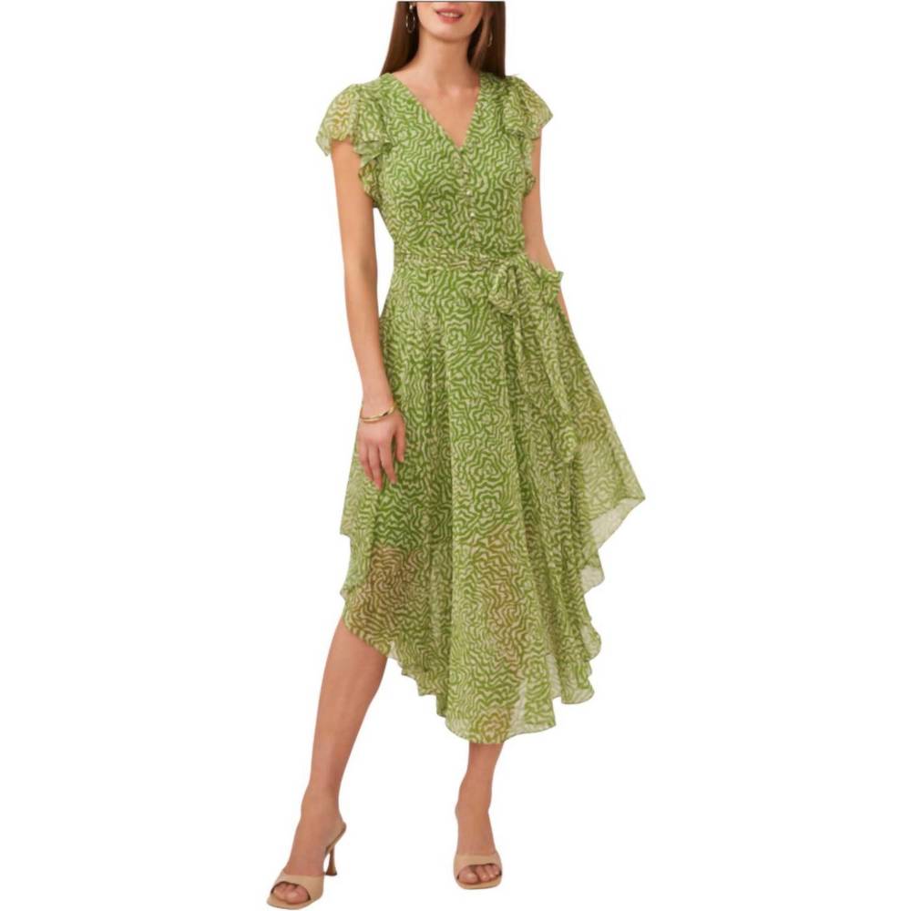 vince camuto green wrap dress | Dresses | New Vince Camuto Maze Print Asymmetric Hem Midi In Salted Lime V neck